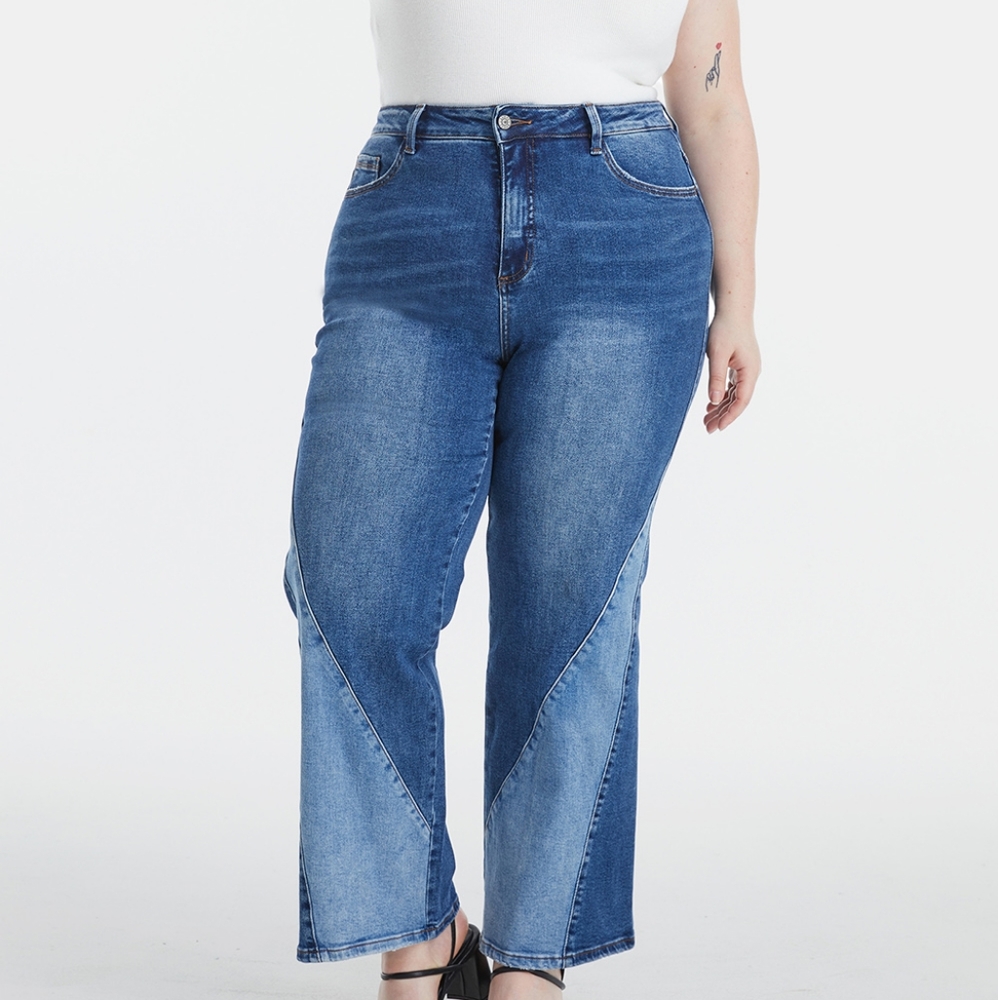 BAYEAS Full Size High Waist Two-Tones Patched Wide Leg Jeans